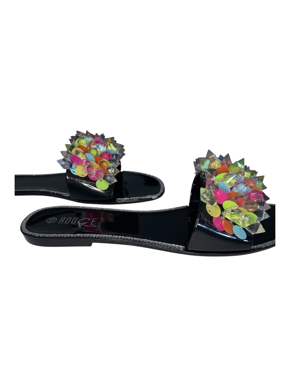 Rouge Helium Slide Sandals Women’s 10 Black Multicolor Jewel Gems Rhinestones - Picture 3 of 14